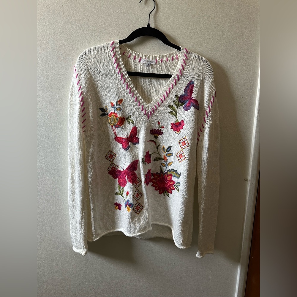 Johnny Was Embroidered V-Neck Sweater